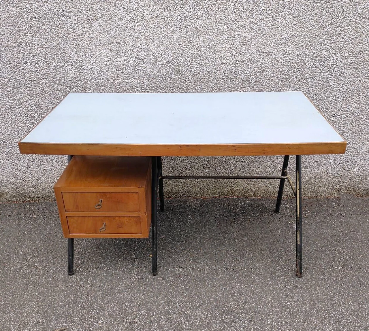 Metal, wood and formica desk by Russo, 1950s 3