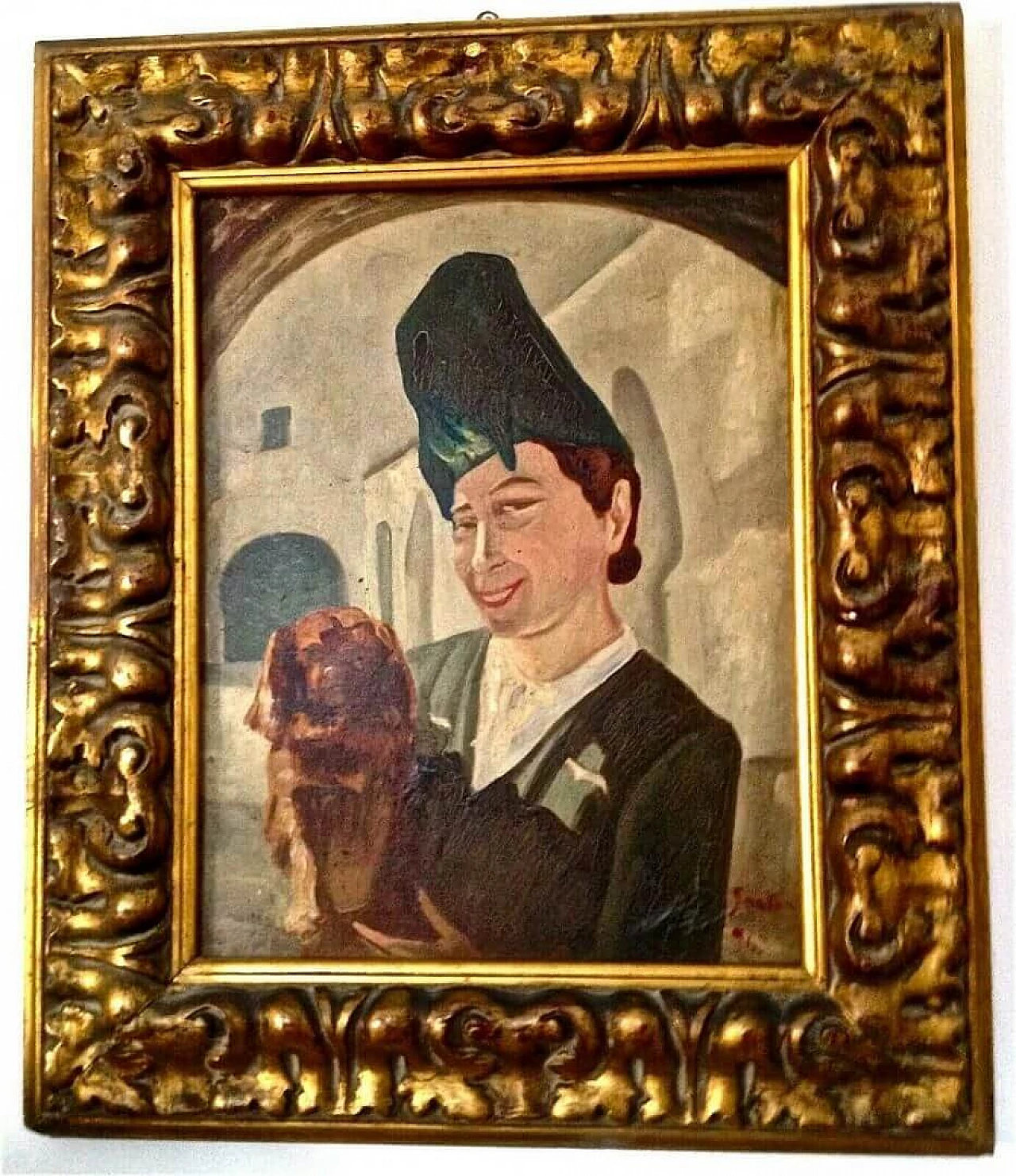 Iginio Sartori, portrait of woman with dog, oil painting on panel, 1943 7