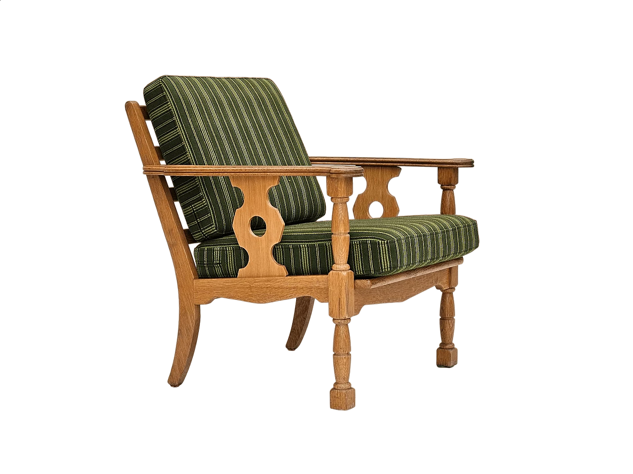 Poltrona danese in quercia e lana verde, anni '70 16