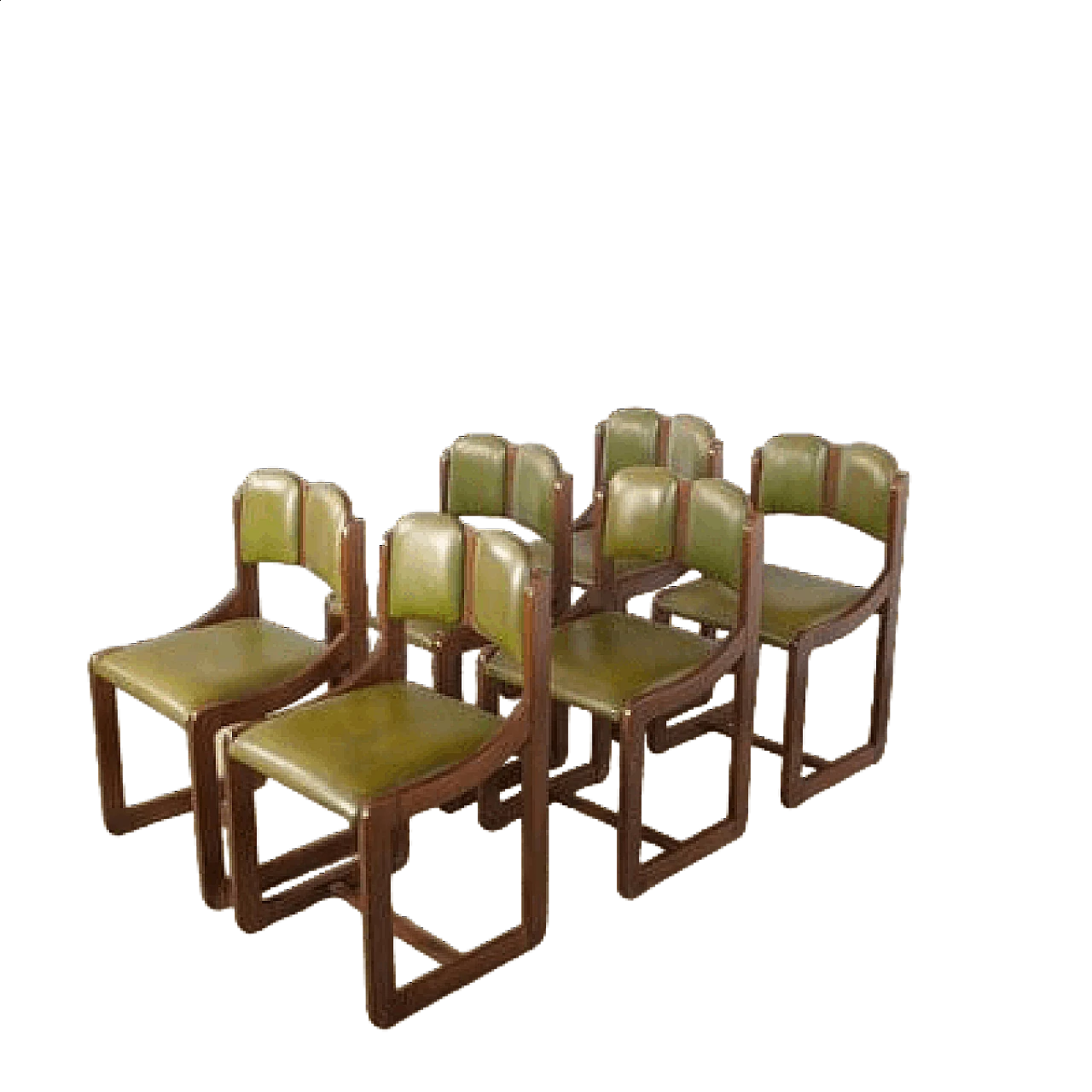 6 Wooden chairs with green leather seat and back, 1960s 11