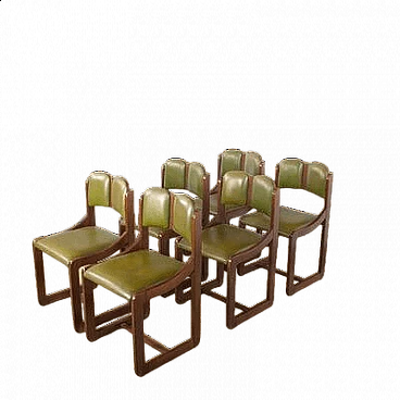 6 Wooden chairs with green leather seat and back, 1960s