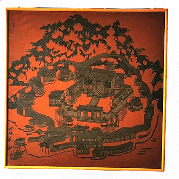 Tempio fortificato circondato da pagode, seta cinese con cornice