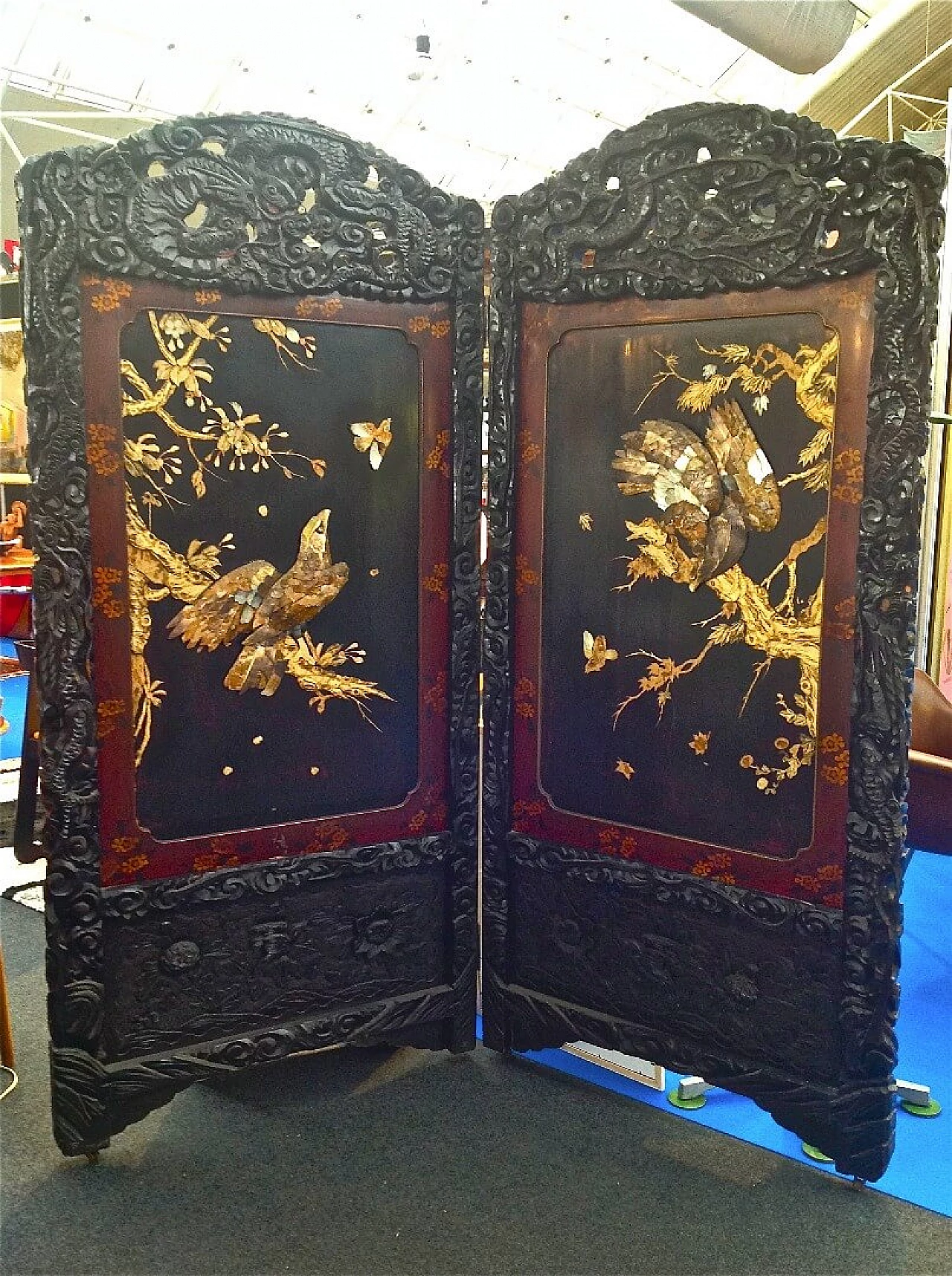 Paravento cinese in legno laccato a due ante, fine '800 11