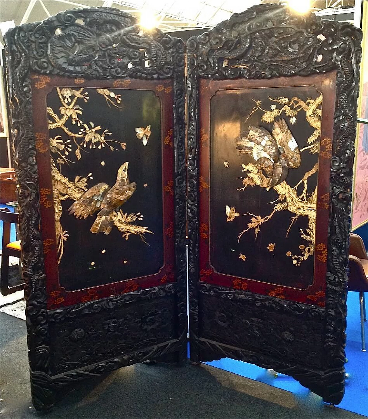 Paravento cinese in legno laccato a due ante, fine '800 12