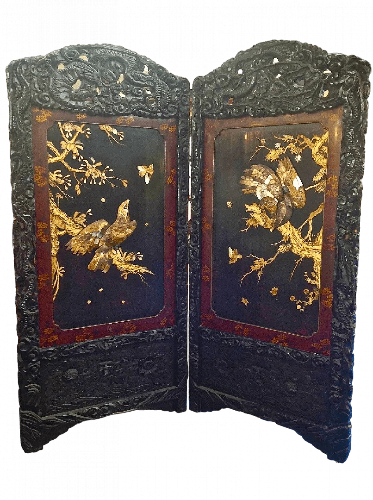 Paravento cinese in legno laccato a due ante, fine '800 13
