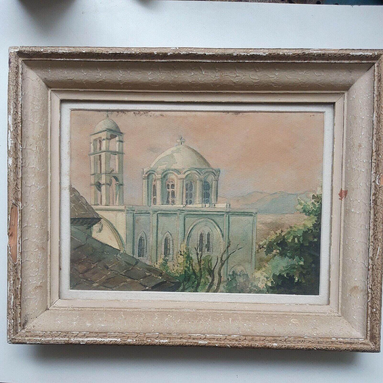 Watercolour of a view of a bell tower, 19th century 6