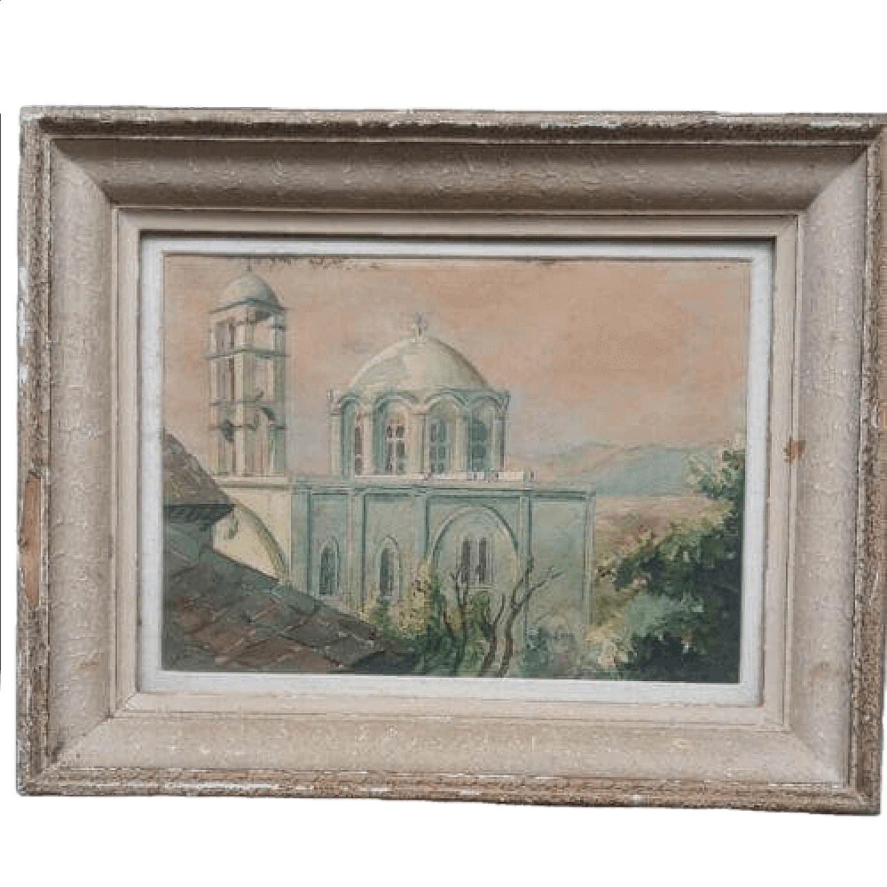 Watercolour of a view of a bell tower, 19th century 12