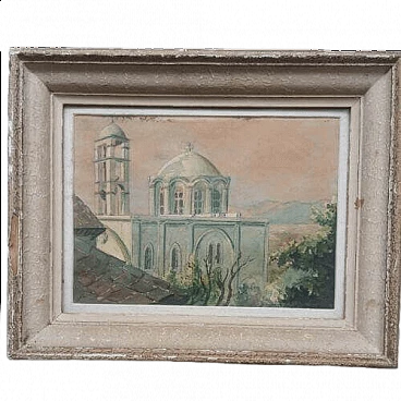Watercolour of a view of a bell tower, 19th century