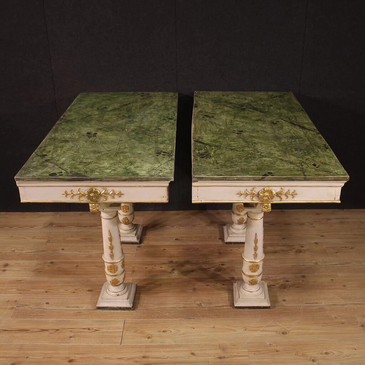 Pair of Empire-style console tables with imitation marble lacquered wooden top, late 19th century 4