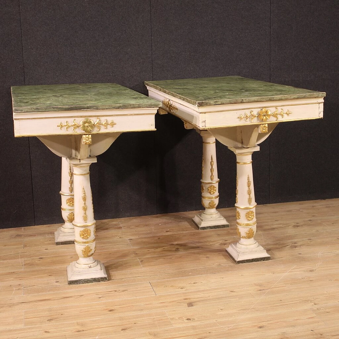 Pair of Empire-style console tables with imitation marble lacquered wooden top, late 19th century 5