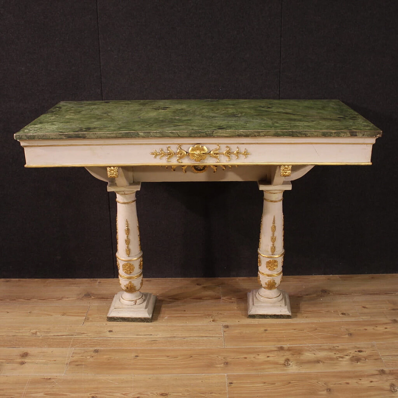 Coppia di consolle in stile Impero con piano in legno laccato a finto marmo, fine '800 8