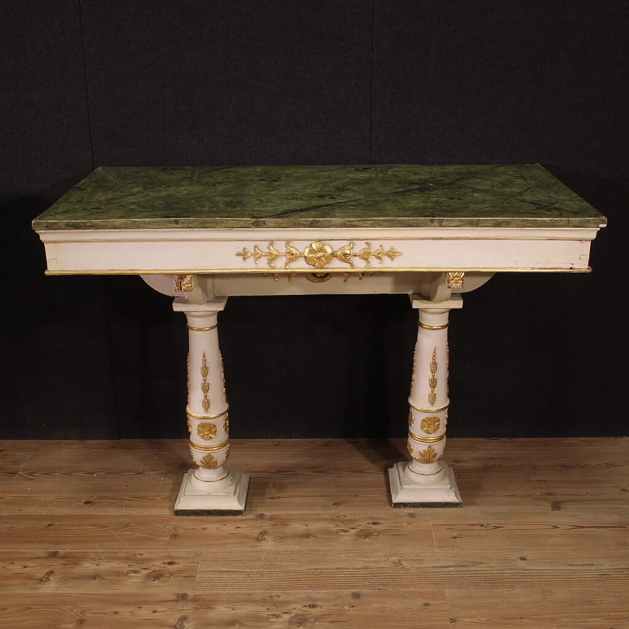 Coppia di consolle in stile Impero con piano in legno laccato a finto marmo, fine '800 9