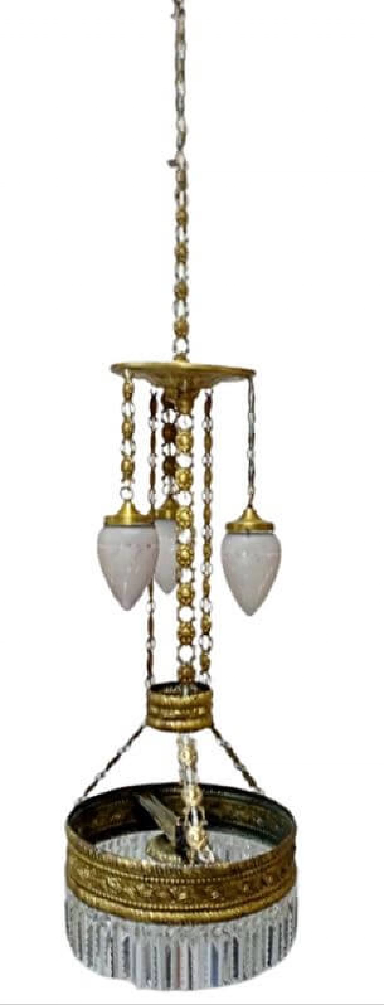 Lampadario Liberty in ottone martellato, fine '800 1