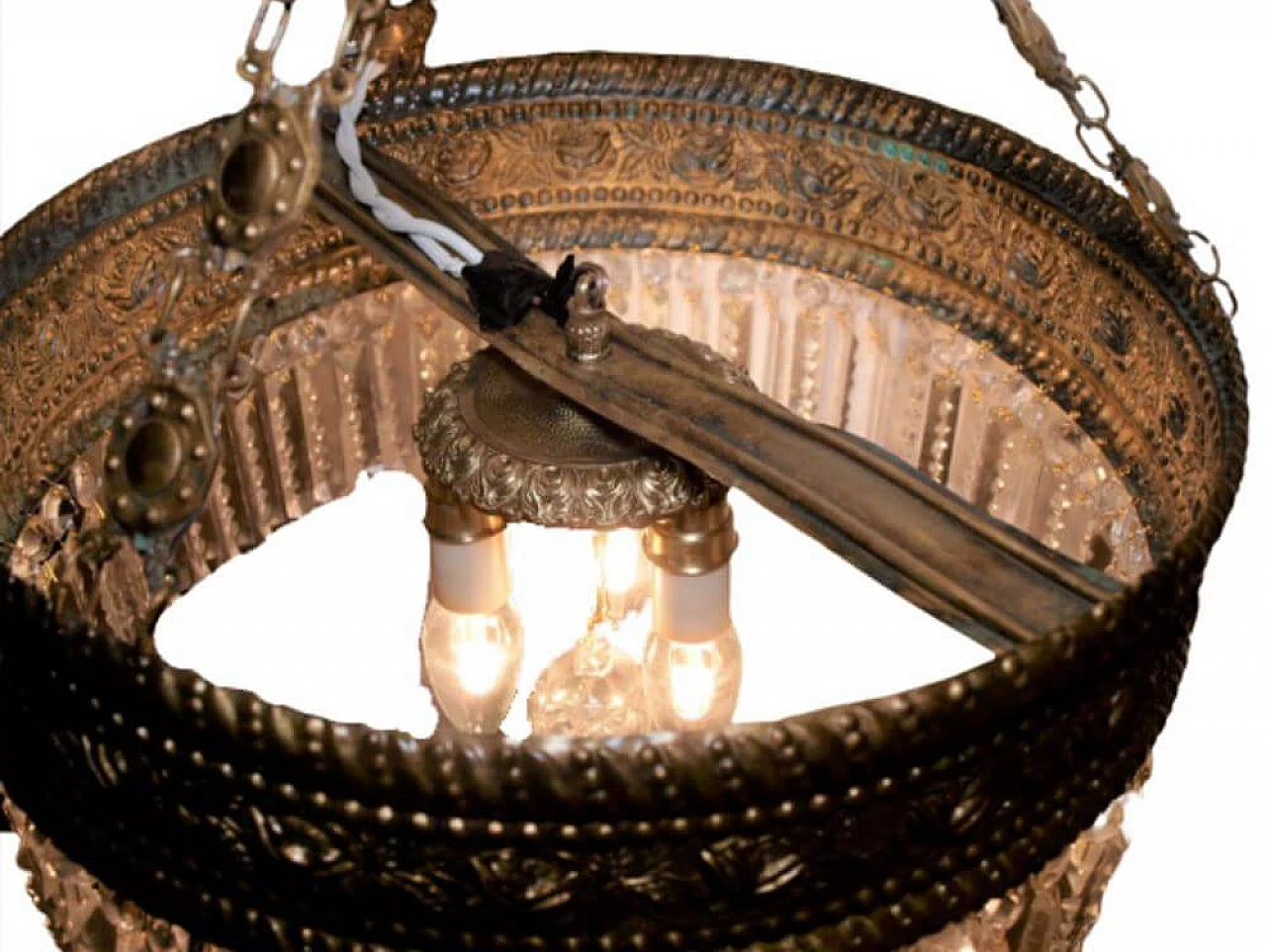 Lampadario Liberty in ottone martellato, fine '800 6