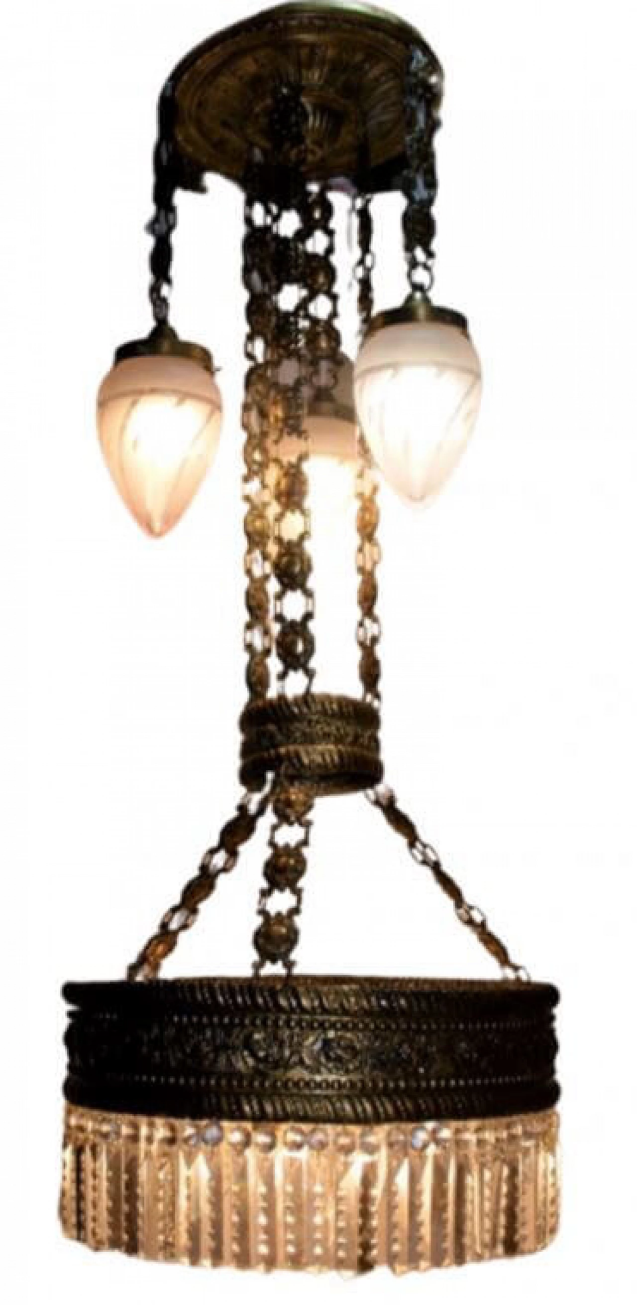 Lampadario Liberty in ottone martellato, fine '800 9