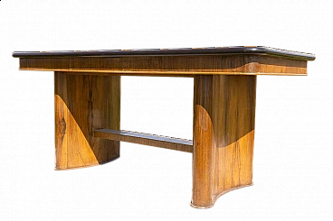 Art Deco blond walnut veneered and ebonized wood table, 1940s