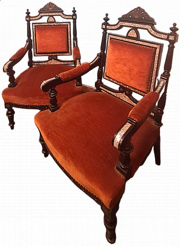 Pair of Napoleon III ebonized wood and orange fabric armchairs, 19th century