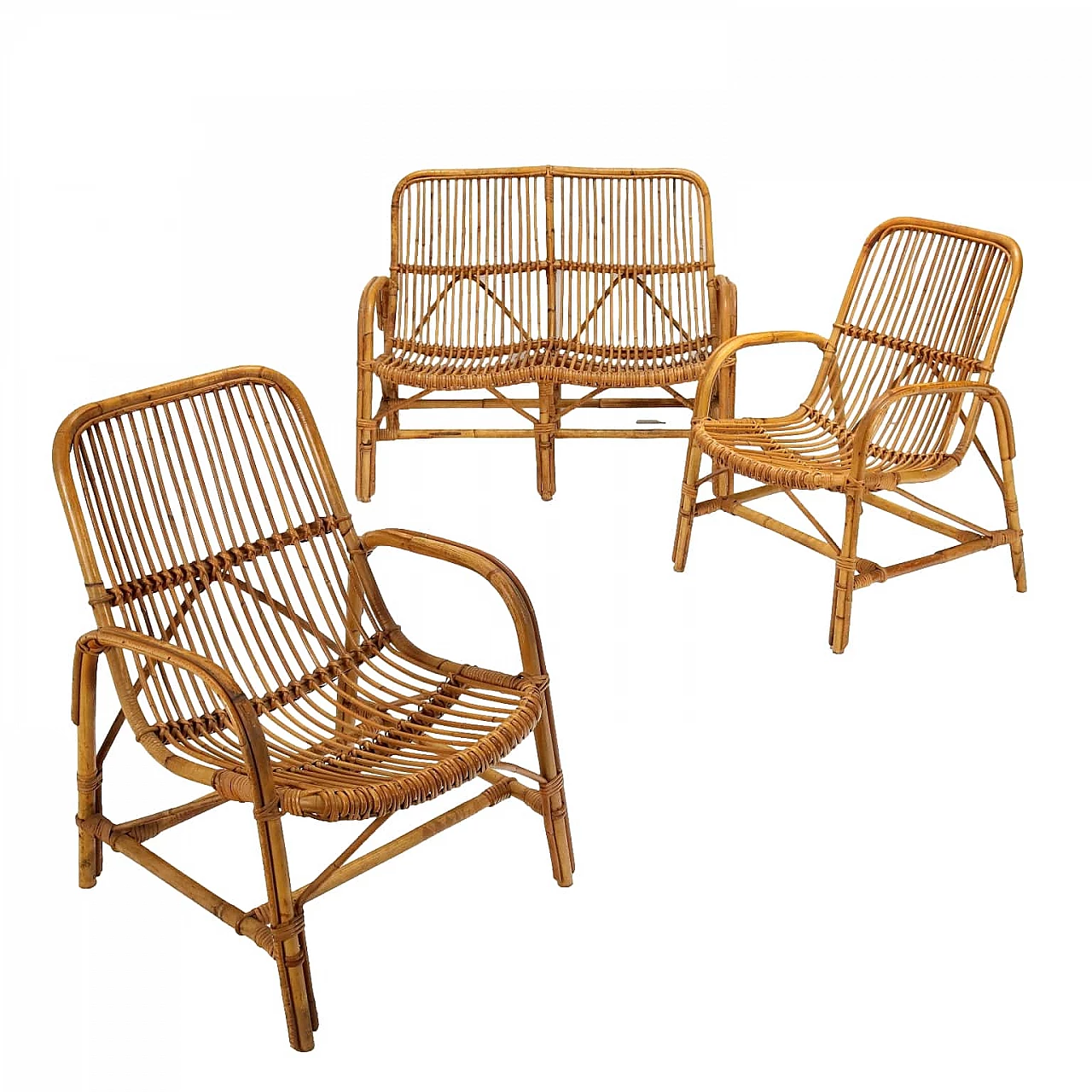 Pair of armchairs and sofa in bamboo and rope, 1960s 1