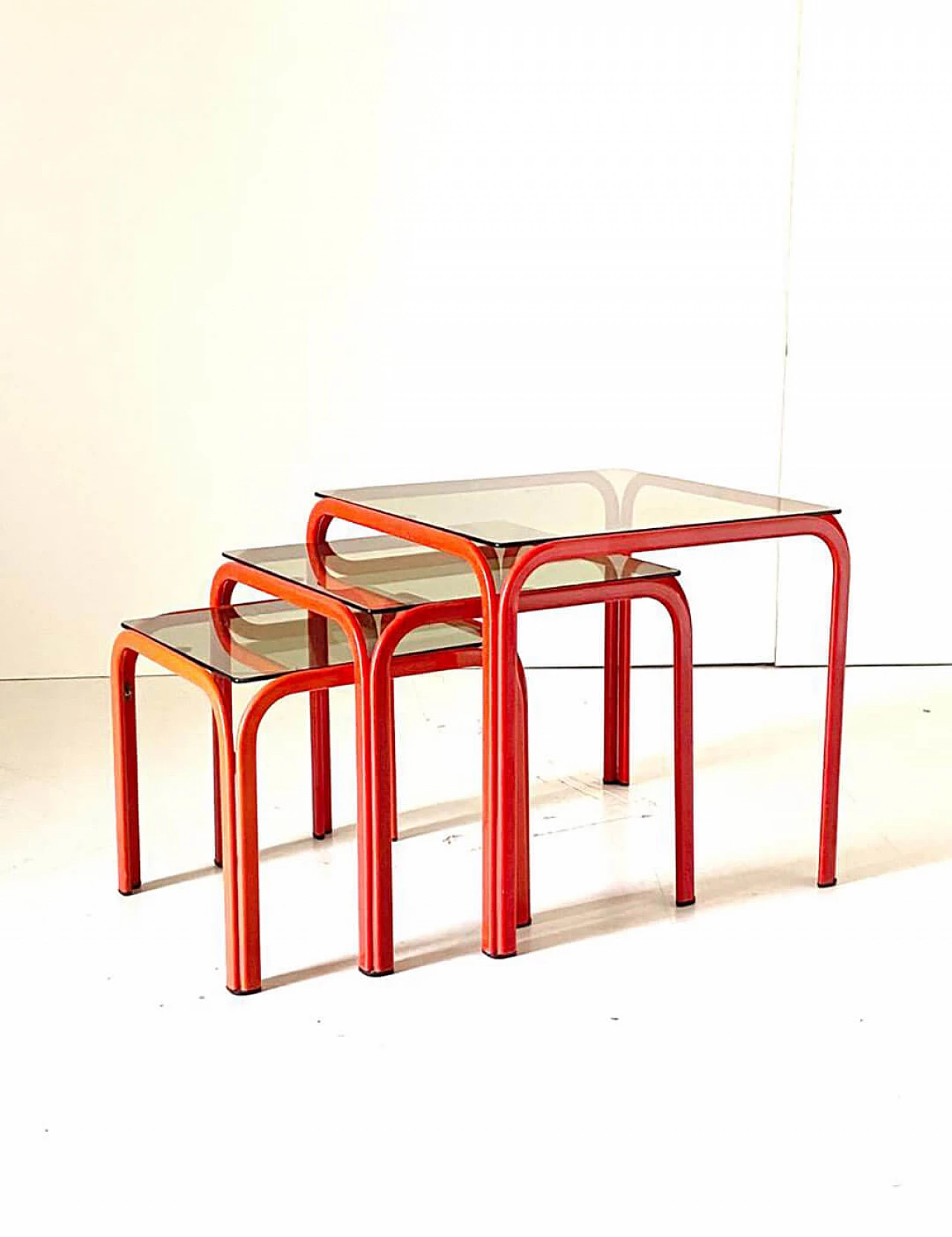 Trio of nesting tables in iron and smoked glass, 1980s 7