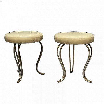 Pair of brass and leather stools, 1950s