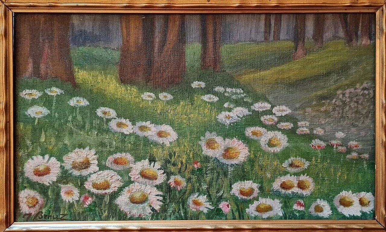 J. Benuz, landscape with daisies, oil painting on panel, 1940s 1