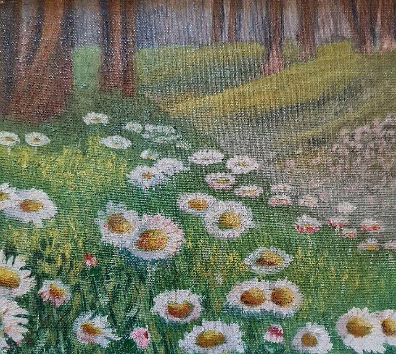 J. Benuz, landscape with daisies, oil painting on panel, 1940s 2