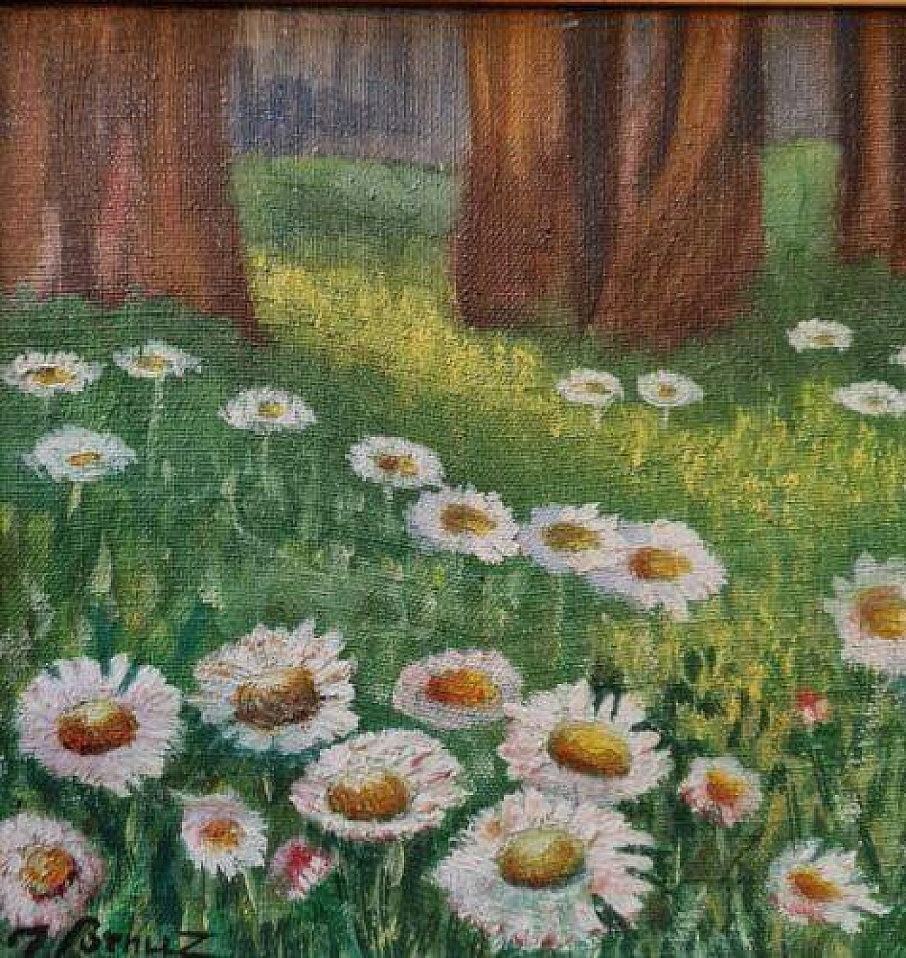 J. Benuz, landscape with daisies, oil painting on panel, 1940s 4
