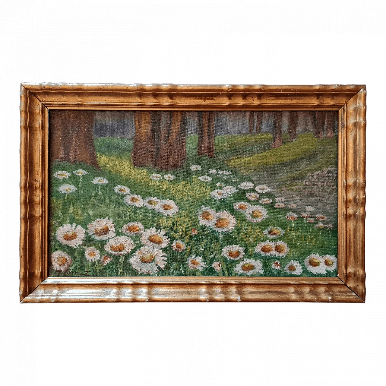 J. Benuz, landscape with daisies, oil painting on panel, 1940s 8