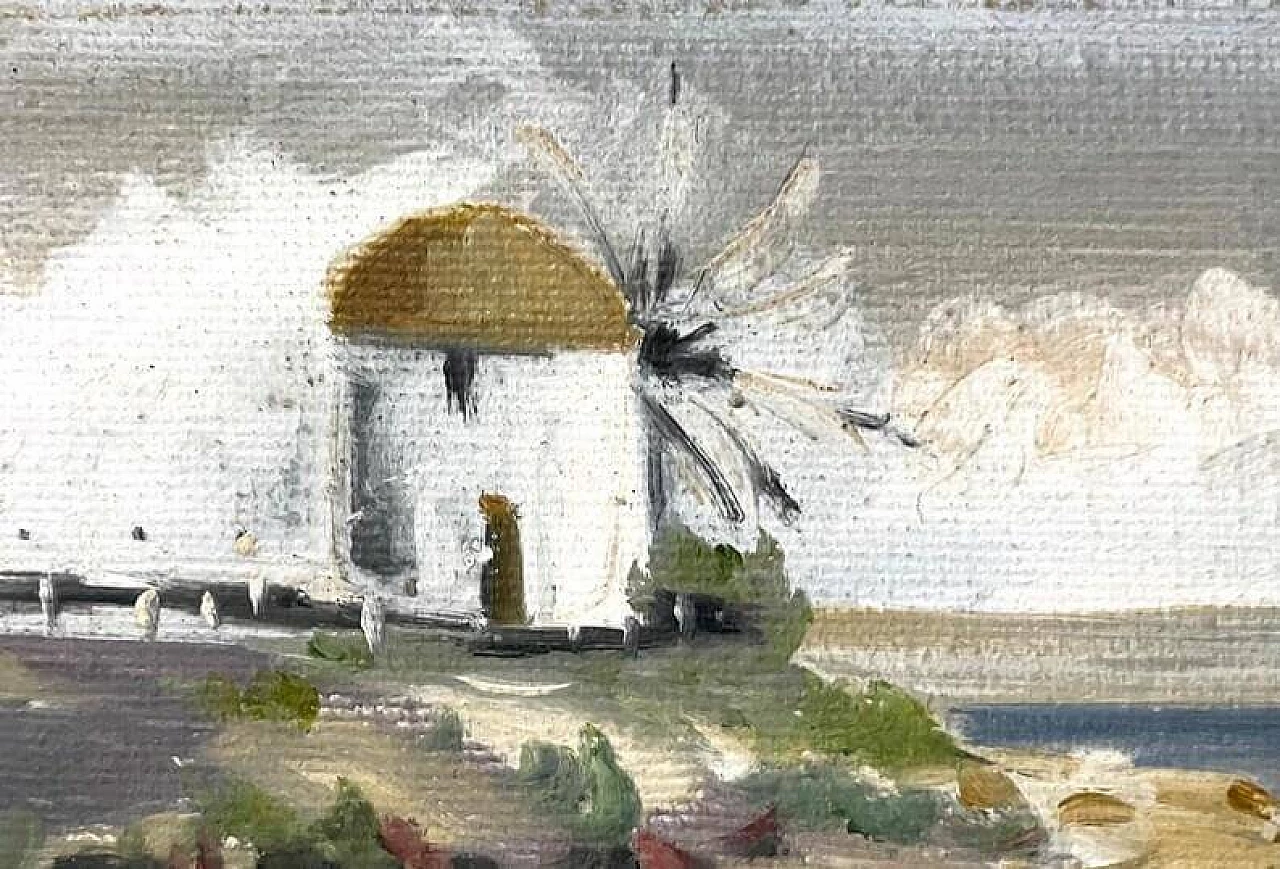 Breton landscape with boats and windmill, oil painting, 1930s 2