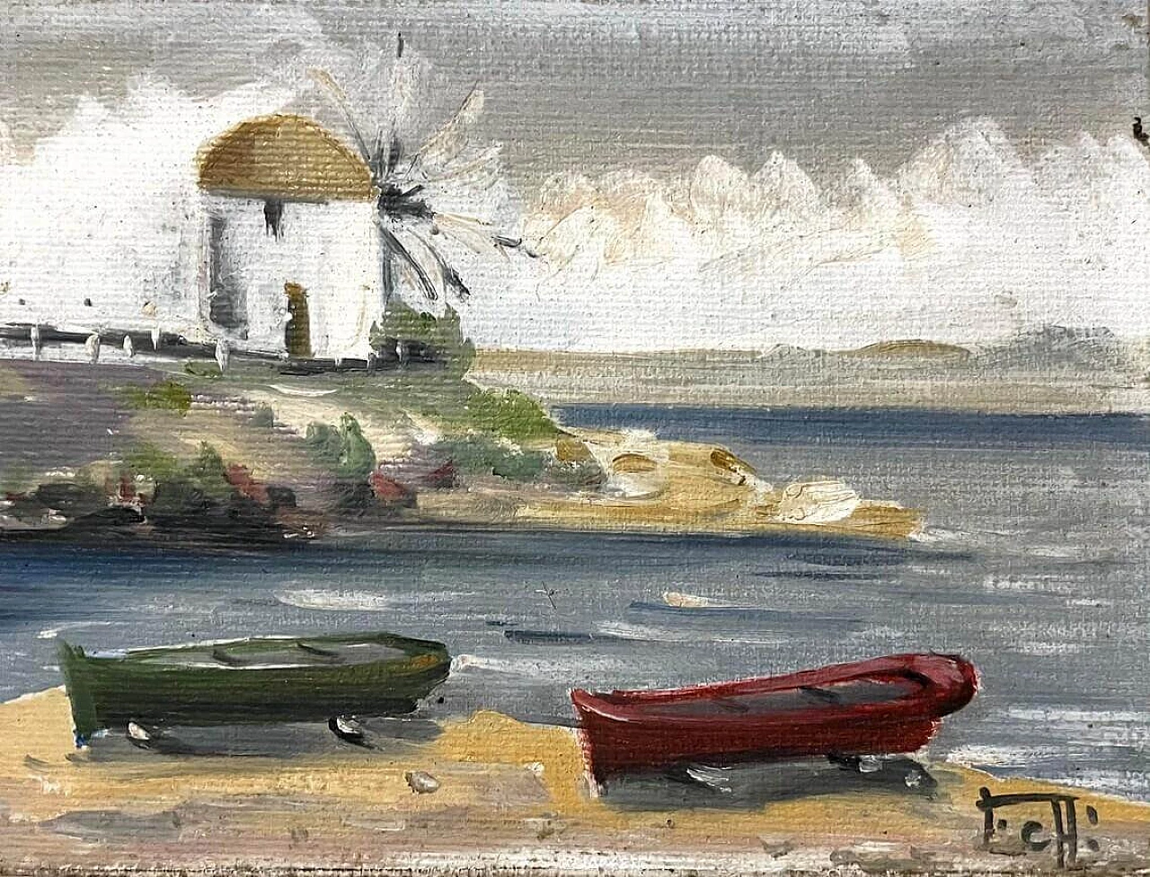 Breton landscape with boats and windmill, oil painting, 1930s 6