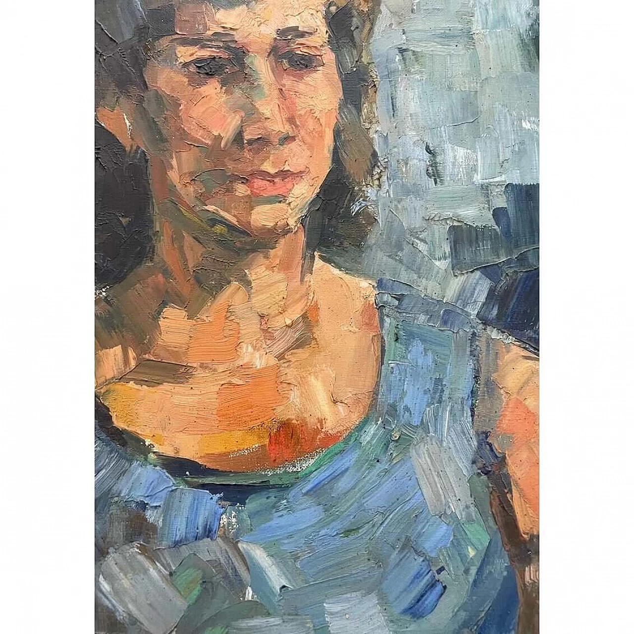 Portrait of a woman in a blue dress, oil on canvas, 1940s 2