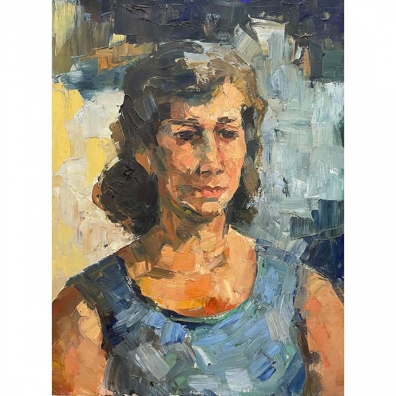 Portrait of a woman in a blue dress, oil on canvas, 1940s 4