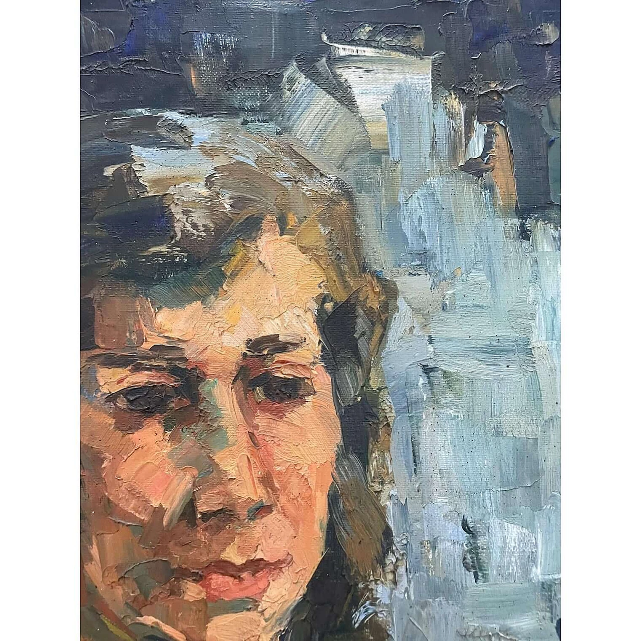 Portrait of a woman in a blue dress, oil on canvas, 1940s 9