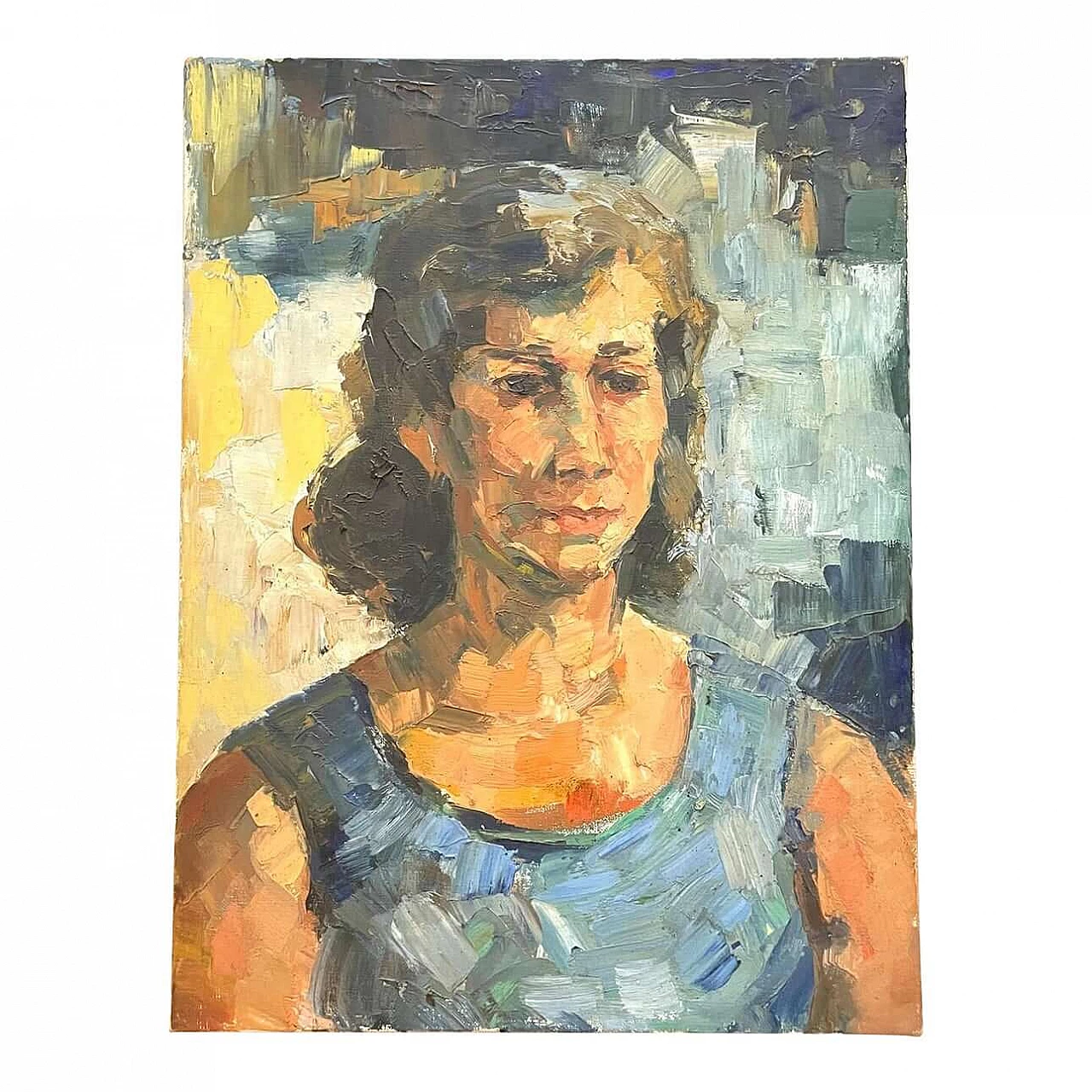 Portrait of a woman in a blue dress, oil on canvas, 1940s 10