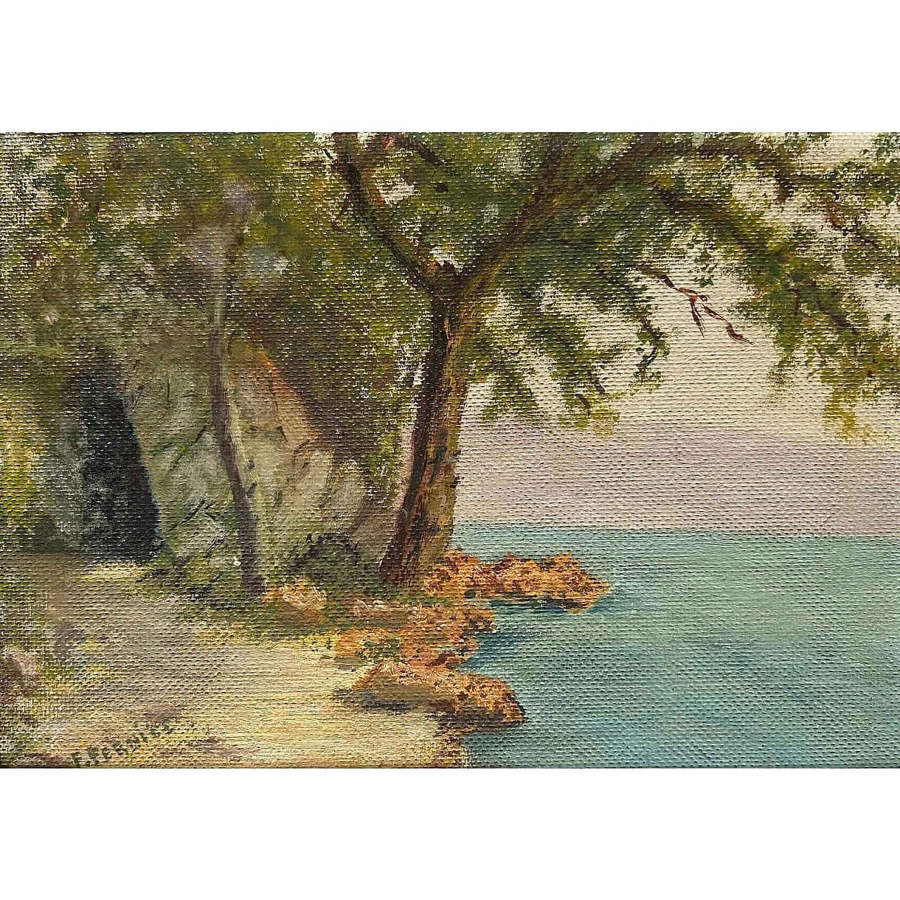 F. Pernice, View of Bourget lake in Aix-Les-Bains, oil on panel, 1940s 2