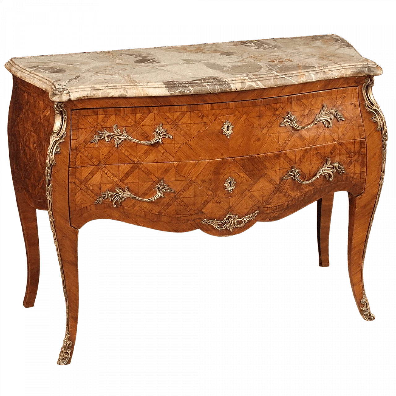 French Louis XV style inlaid wood dresser with marble top 13
