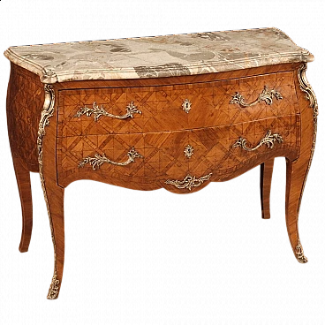 French Louis XV style inlaid wood dresser with marble top