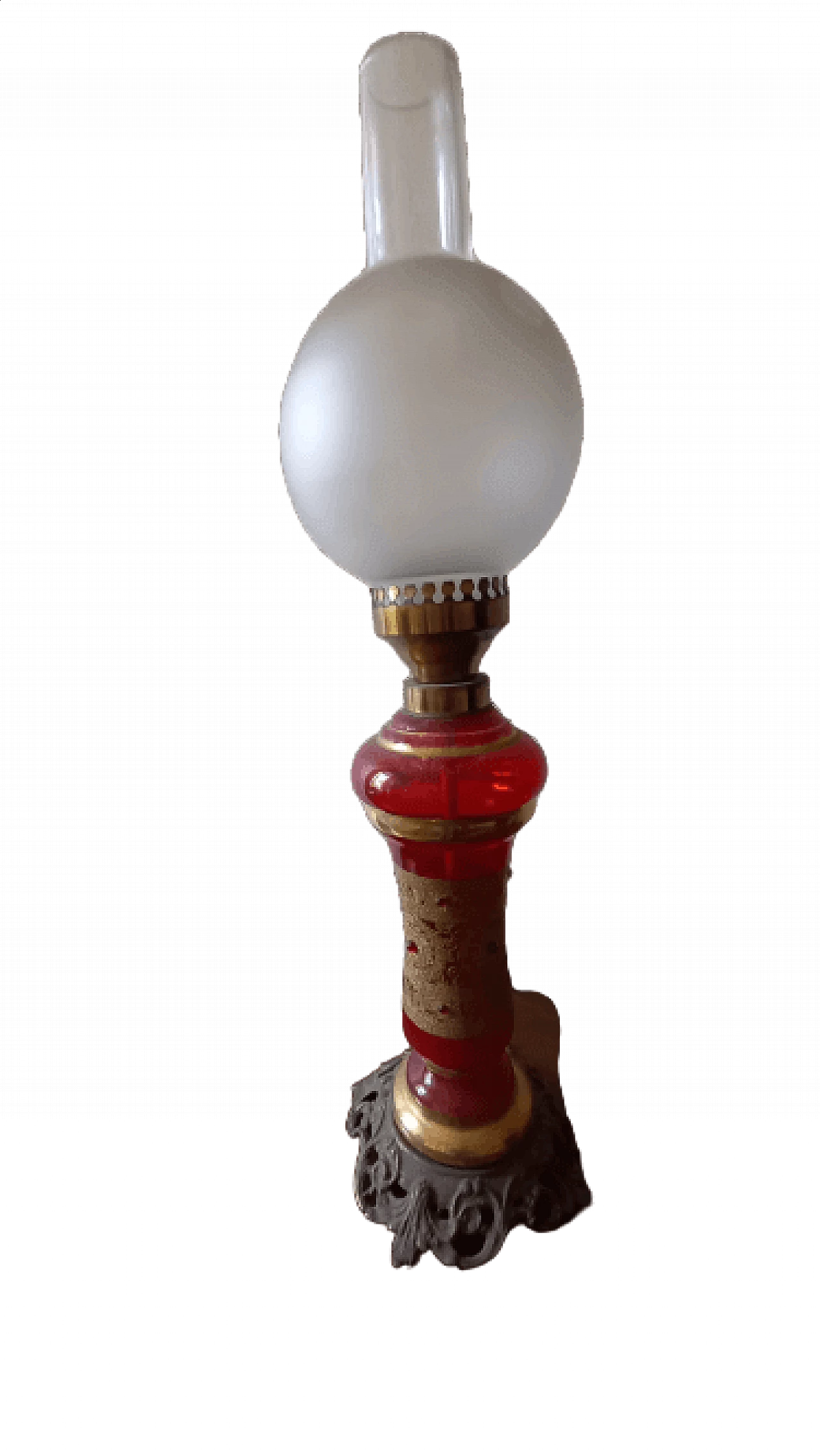 Lampada da tavolo in vetro rosso con decori dorati e base in bronzo, anni '60 4