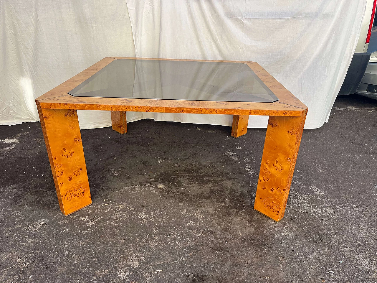 Walnut table with brass inserts and smoked glass top by Willy Rizzo, 1970s 1