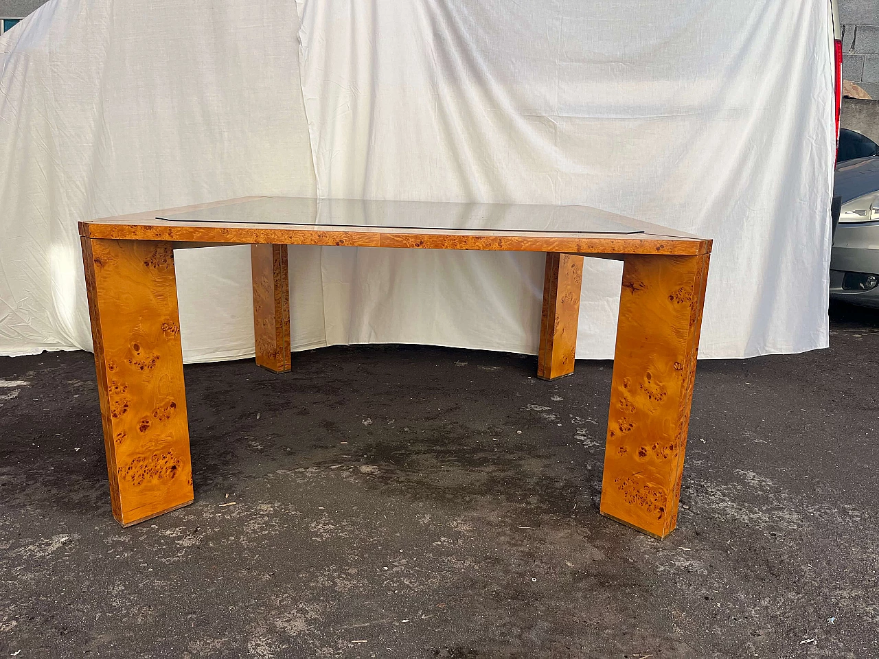 Walnut table with brass inserts and smoked glass top by Willy Rizzo, 1970s 3