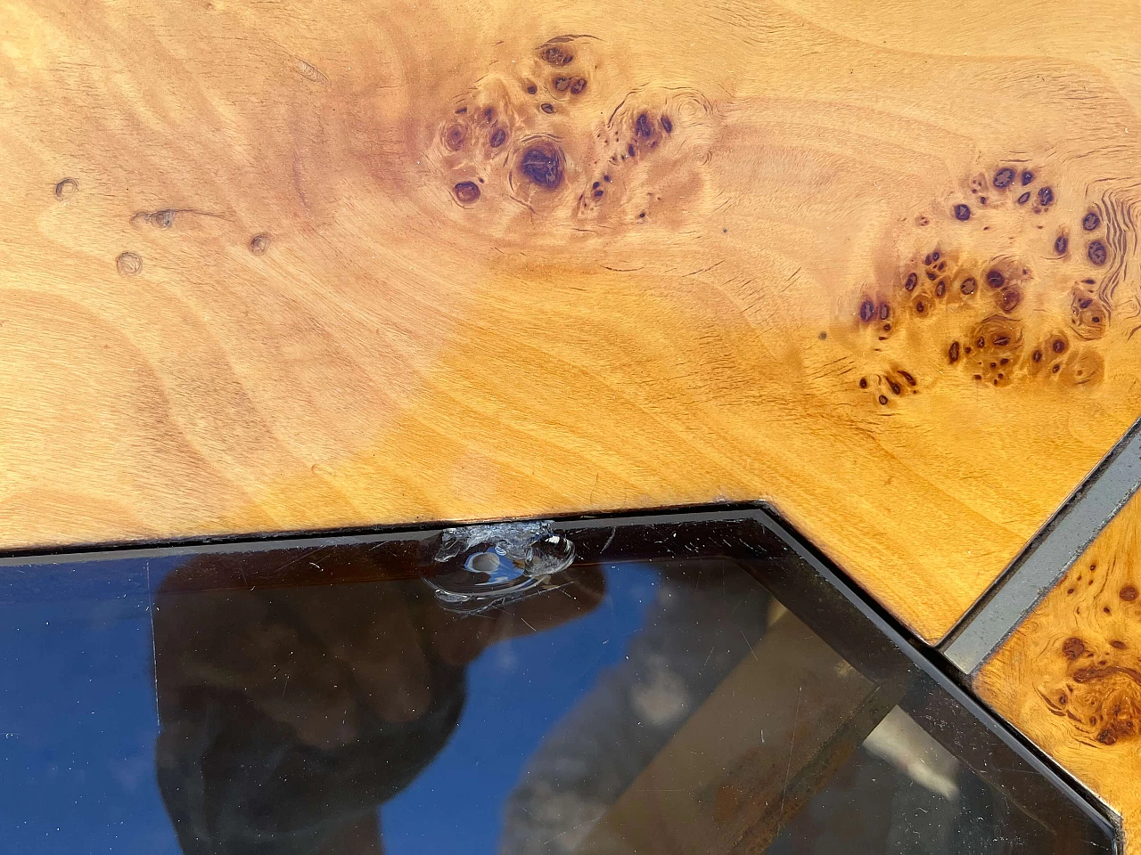 Walnut table with brass inserts and smoked glass top by Willy Rizzo, 1970s 5