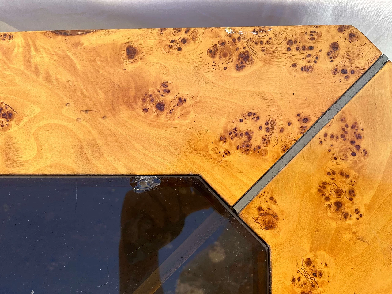 Walnut table with brass inserts and smoked glass top by Willy Rizzo, 1970s 6