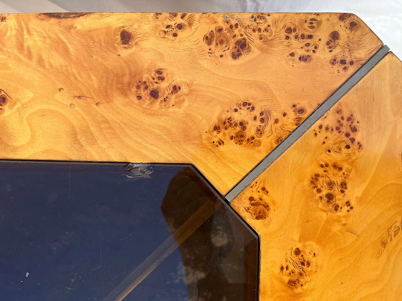 Walnut table with brass inserts and smoked glass top by Willy Rizzo, 1970s 7