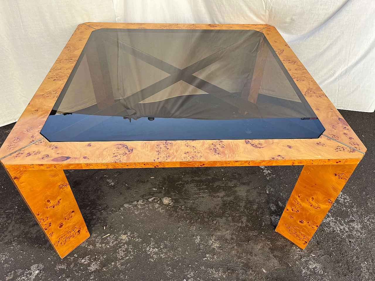 Walnut table with brass inserts and smoked glass top by Willy Rizzo, 1970s 9