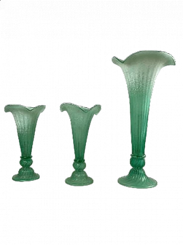 3 Lampade da tavolo in vetro di Murano verde a forma di calle, anni '80