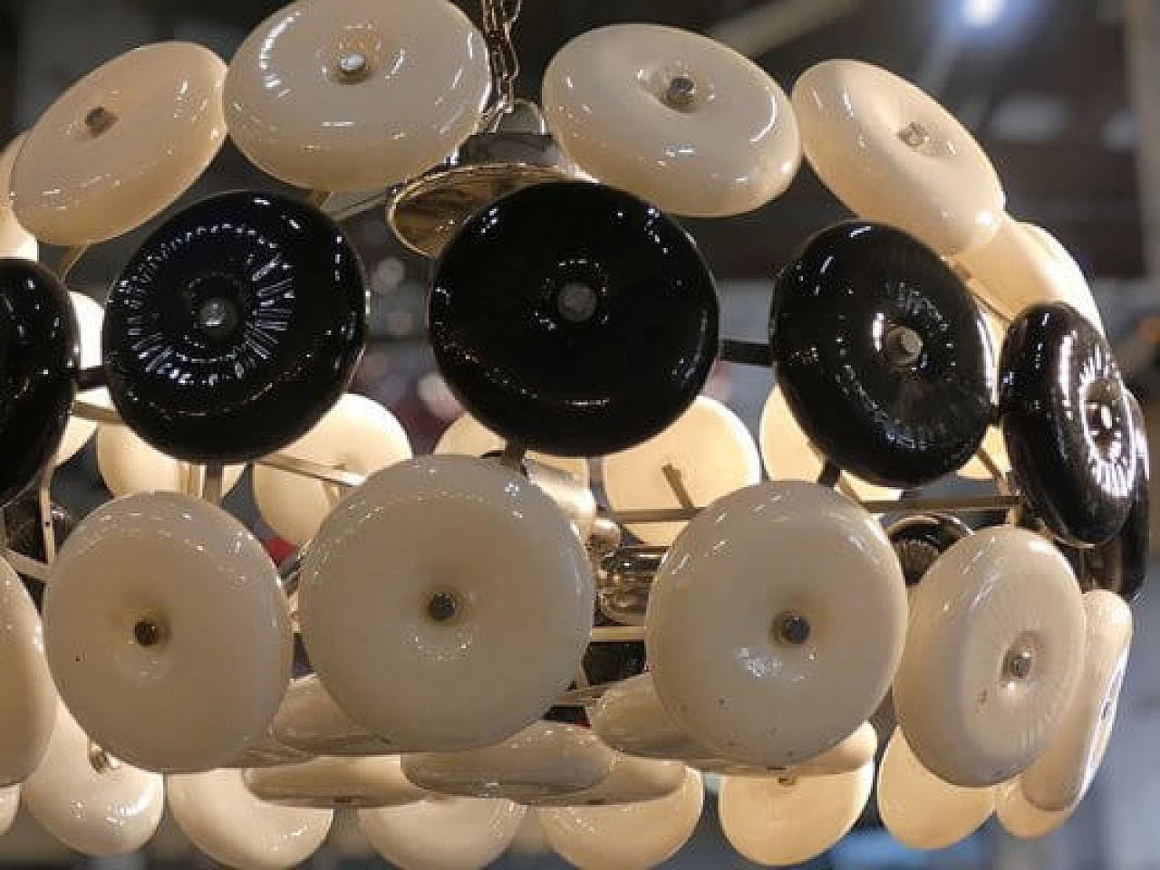 Steel chandelier with black and white glass disks, 1970s 2