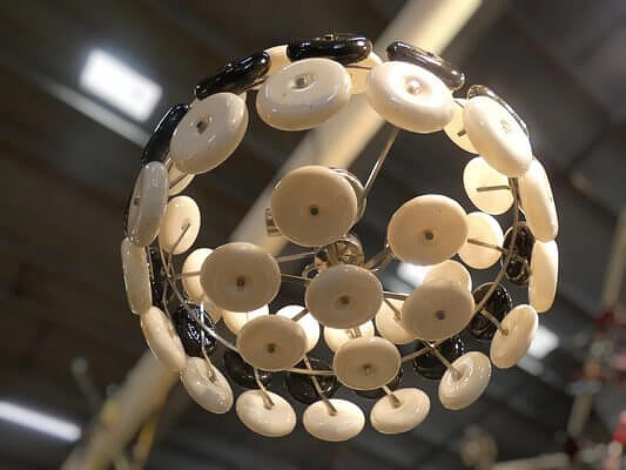 Steel chandelier with black and white glass disks, 1970s 3