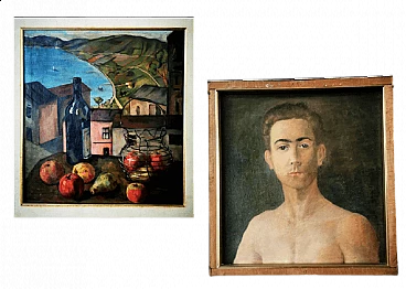Rossi, natura morta - Paretti, ritratto maschile, dipinto a olio su tela fronte-retro, anni '30