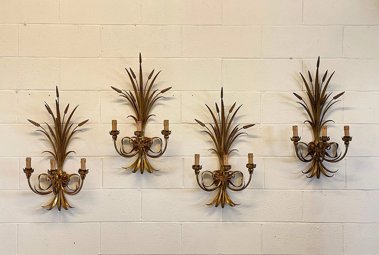 Pair of gilded iron bunch of wheat ears wall lights, 1960s 2