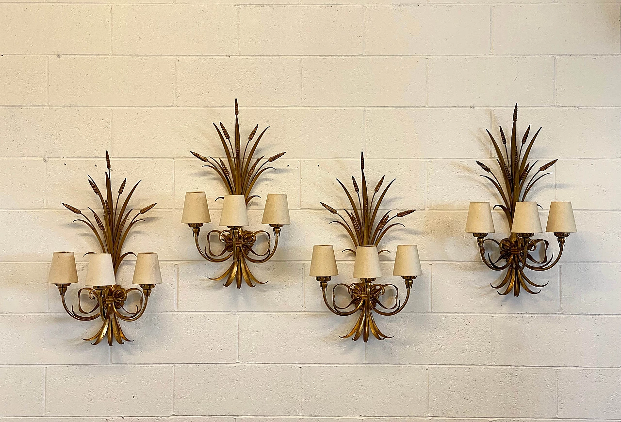 Pair of gilded iron bunch of wheat ears wall lights, 1960s 9